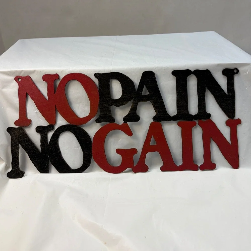 No Pain No Gain Metal Wall Art Sign Gym Decor Red Black Distressed 11.5x5.5